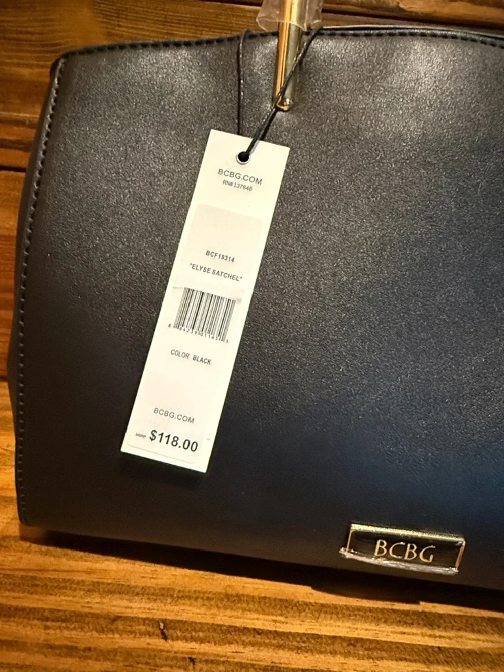 BCBG Black Faux Leather Top-Handle Satchel with Gold Hardware